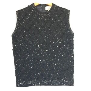 Vintage Cyn‎ Les Beaded Sequined Sleeveless Black Angora Wool Blend Top Size 34